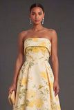 Yellow Floral Strapless High Low Wedding Guest Dress