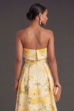 Yellow Floral Strapless High Low Wedding Guest Dress