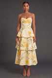 Floral Yellow Tiered Long Wedding Guest Dress
