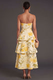 Floral Yellow Tiered Long Wedding Guest Dress