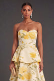 Floral Yellow Tiered Long Wedding Guest Dress