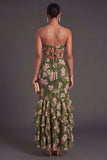 Dark Green Floral Ruffled Mermaid Wedding Guest Dress