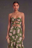 Dark Green Floral Ruffled Mermaid Wedding Guest Dress