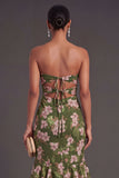 Dark Green Floral Ruffled Mermaid Wedding Guest Dress