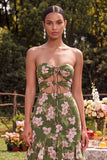 Dark Green Floral Ruffled Mermaid Wedding Guest Dress