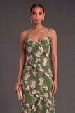 Spaghetti Straps Dusty Green Floral Long Wedding Guest Dress