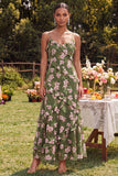 Spaghetti Straps Dusty Green Floral Long Wedding Guest Dress
