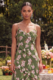 Spaghetti Straps Dusty Green Floral Long Wedding Guest Dress