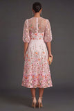 Pink Floral A Line Puff Sleeves Midi Wedding Guest Dress