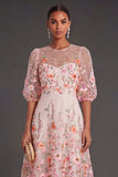 Pink Floral A Line Puff Sleeves Midi Wedding Guest Dress