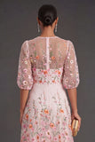 Pink Floral A Line Puff Sleeves Midi Wedding Guest Dress
