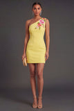 Yellow Floral Bodycon One Shoulder Short Wedding Guest Dress