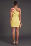 Yellow Floral Bodycon One Shoulder Short Wedding Guest Dress