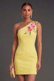 Yellow Floral Bodycon One Shoulder Short Wedding Guest Dress