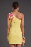 Yellow Floral Bodycon One Shoulder Short Wedding Guest Dress