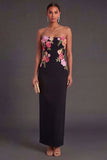 Leely Women Light Yellow Floral Sheath Long Wedding Guest Dress Backless Sleeveless Strapless Garden Party Dress