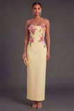 Leely Women Light Yellow Floral Sheath Long Wedding Guest Dress Backless Sleeveless Strapless Garden Party Dress