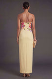 Leely Women Light Yellow Floral Sheath Long Wedding Guest Dress Backless Sleeveless Strapless Garden Party Dress