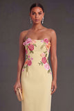Leely Women Light Yellow Floral Sheath Long Wedding Guest Dress Backless Sleeveless Strapless Garden Party Dress
