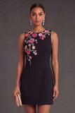 Black Floral Bodycon Round Neck Short Wedding Guest Dress