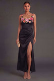 Black Thick Straps Floral Ruched Long Wedding Guest Dress with Slit
