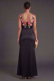 Black Thick Straps Floral Ruched Long Wedding Guest Dress with Slit