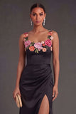 Black Thick Straps Floral Ruched Long Wedding Guest Dress with Slit