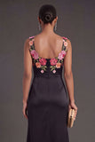 Black Thick Straps Floral Ruched Long Wedding Guest Dress with Slit