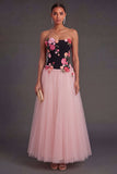 Strapless Floral Black and Pink Long Wedding Guest Dress