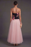 Strapless Floral Black and Pink Long Wedding Guest Dress