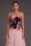 Strapless Floral Black and Pink Long Wedding Guest Dress