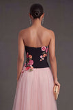 Strapless Floral Black and Pink Long Wedding Guest Dress