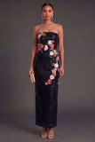 Sparkly Black Floral Sheath Strapless Long Wedding Guest Dress