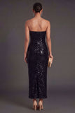 Sparkly Black Floral Sheath Strapless Long Wedding Guest Dress