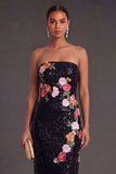 Sparkly Black Floral Sheath Strapless Long Wedding Guest Dress