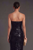Sparkly Black Floral Sheath Strapless Long Wedding Guest Dress