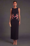 Sheath Black Floral Round Neck Long Wedding Guest Dress