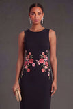 Sheath Black Floral Round Neck Long Wedding Guest Dress