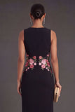 Sheath Black Floral Round Neck Long Wedding Guest Dress