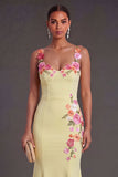 Leely Women Floral Light Yellow Mermaid Long Wedding Guest Dress Mermaid Backless Sleeveless Garden Party Dress