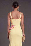 Leely Women Floral Light Yellow Mermaid Long Wedding Guest Dress Mermaid Backless Sleeveless Garden Party Dress