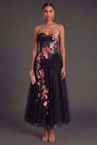 A Line Floral Black High Waist Corset Long Wedding Guest Dress