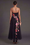 A Line Floral Black High Waist Corset Long Wedding Guest Dress