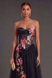 A Line Floral Black High Waist Corset Long Wedding Guest Dress