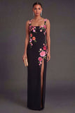 Black Floral Sheath Thick Straps Long Wedding Guest Dress with Slit