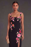 Black Floral Sheath Thick Straps Long Wedding Guest Dress with Slit