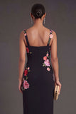 Black Floral Sheath Thick Straps Long Wedding Guest Dress with Slit