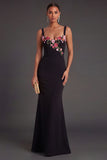 Mermaid Black Floral Thick Straps Long Wedding Guest Dress