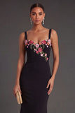 Mermaid Black Floral Thick Straps Long Wedding Guest Dress