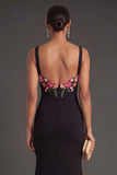 Mermaid Black Floral Thick Straps Long Wedding Guest Dress